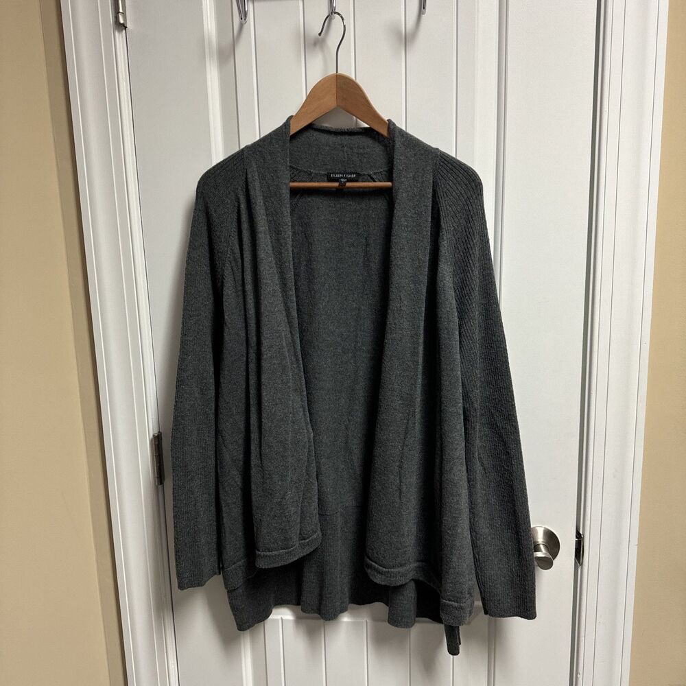 NEW Eileen Fisher Ultra Fine Merino Straight Long Cardigan Black size L $318